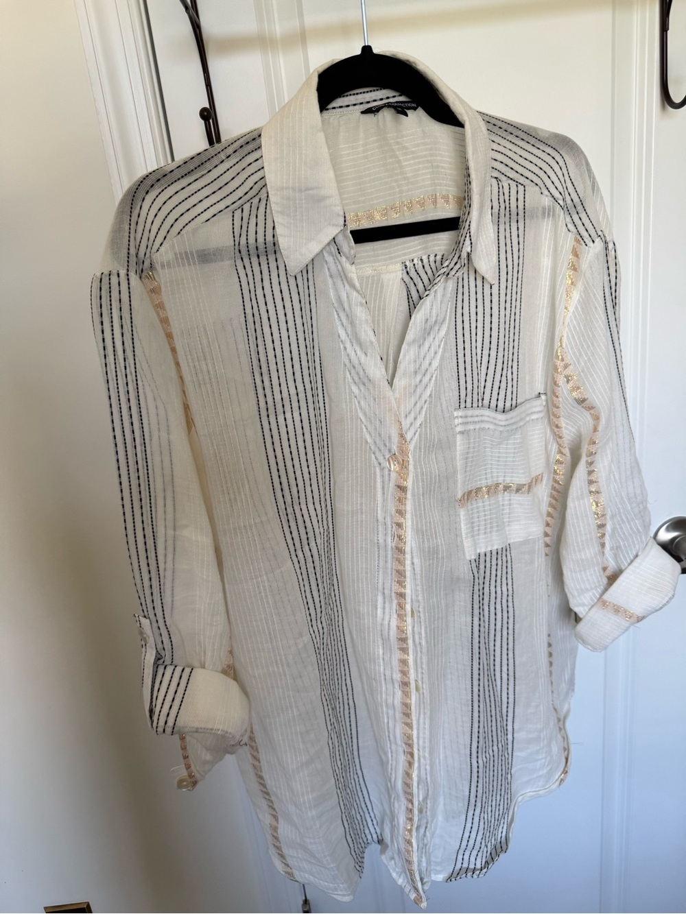 Women’s White Striped Long-Sleeve Button Shirt with Metallic Trim
